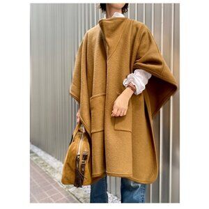 Cristaseya New Felted Wool Maxi Poncho Sweater Cape Knit Brown Medium